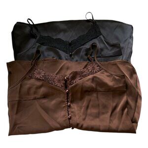 Black & Brown Silky Lace Trimmed Camisole Cami Tops Buttons Front Split Sz Small